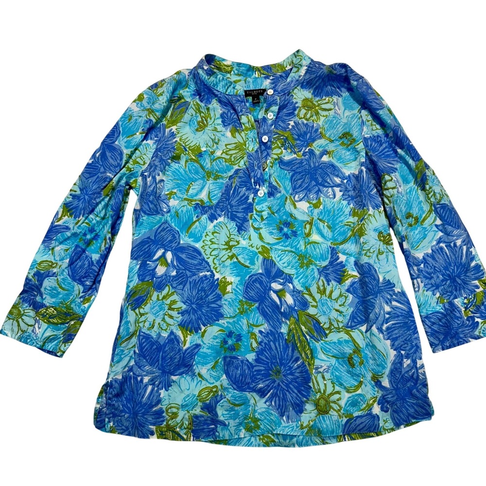Talbots Petites Blue Green Floral Sequin Tencel Tunic Blouse Petite P Resort